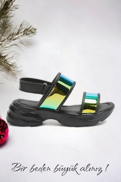 Çocuk Hologram Siyah Rahat Sandalet
