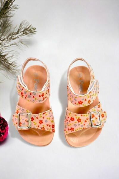 Pembe Çiçek Baskılı Tokalı Kız Çoçuk Sandalet